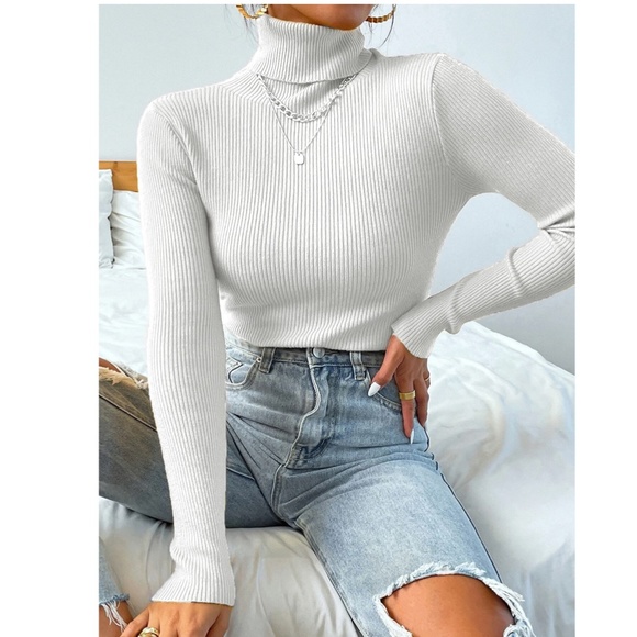 White Rib Knit Turtleneck Sweater Top Long Sleeve - Picture 5 of 8